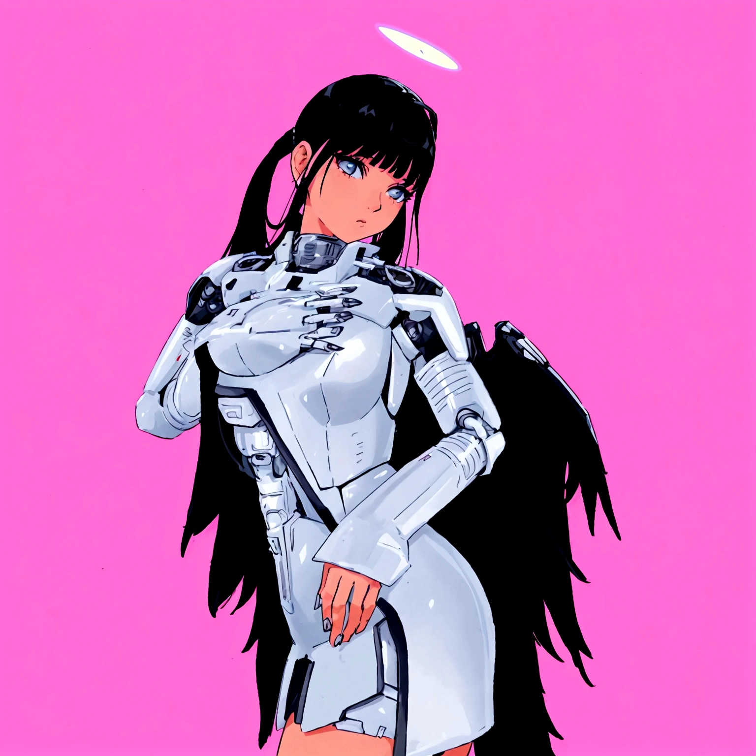anime girl in silver dress with angel wings and halo, beautiful cyborg angel girl, tron angel, full - body majestic angel, jet black haired cyberpunk girl, angel knight girl, villainess has black angel wings, angel in plastic armor, tall female angel, futuristic robot angel, e - girl, e-girl, angel knight gothic girl