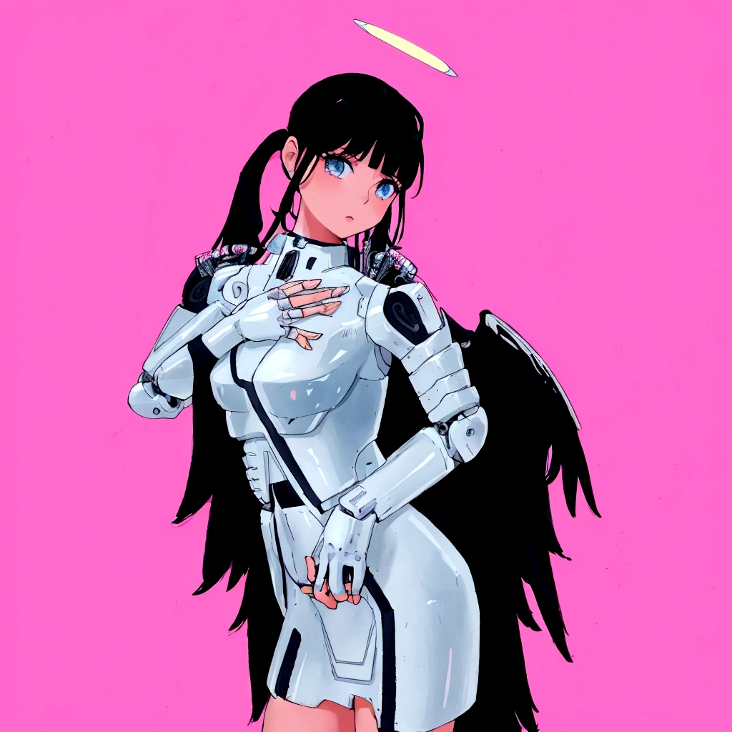 anime girl in silver dress with angel wings and halo, beautiful cyborg angel girl, tron angel, full - body majestic angel, jet black haired cyberpunk girl, angel knight girl, villainess has black angel wings, angel in plastic armor, tall female angel, futuristic robot angel, e - girl, e-girl, angel knight gothic girl