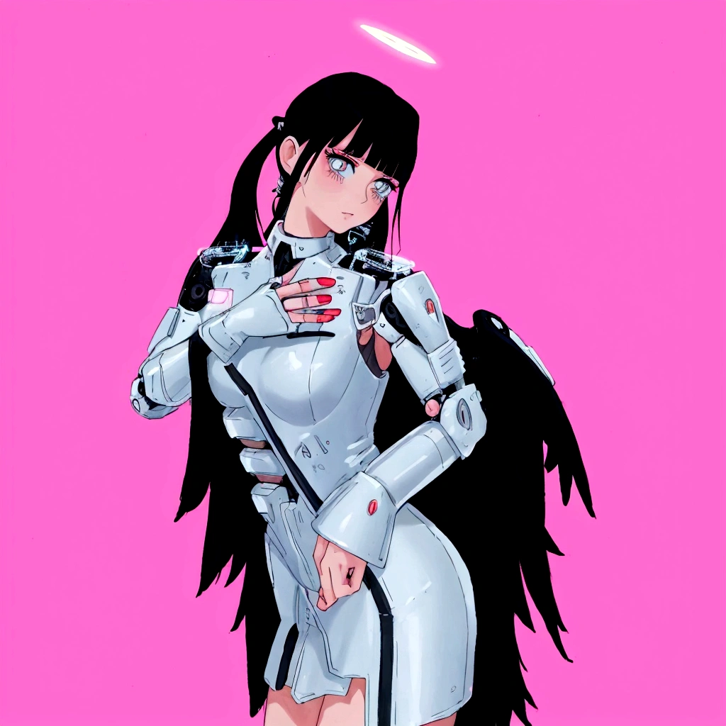 anime girl in silver dress with angel wings and halo, beautiful cyborg angel girl, tron angel, full - body majestic angel, jet black haired cyberpunk girl, angel knight girl, villainess has black angel wings, angel in plastic armor, tall female angel, futuristic robot angel, e - girl, e-girl, angel knight gothic girl