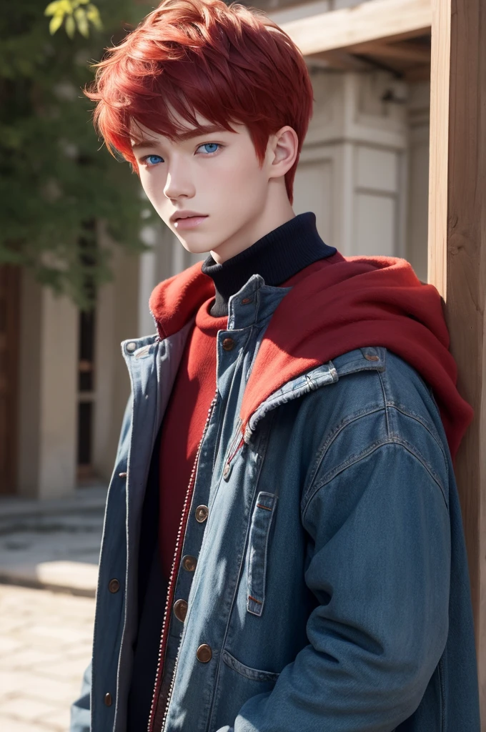 1 young adult male, reddish red hair, bangss, asian feature, Caucasian skin, blue colored eyes, piercieng, warm clothing 