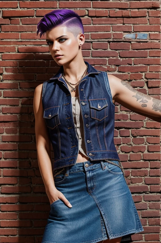 I want you to generate an image of a punk girl for me , with shaved haircut on the sides, with jeans vest and skirt with patches, linen neckline .
Breaking a wall with a punch pieces of brick ahead .
Back a purple brick background in vibrant color.