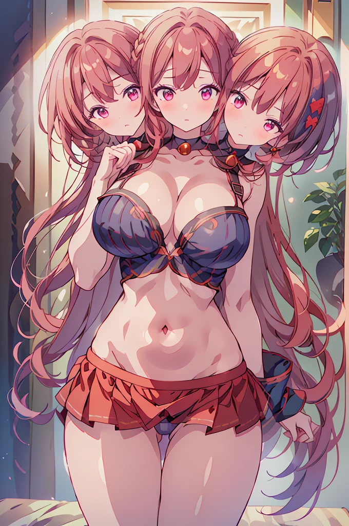 (masterpiece, best quality),best quality, (ultra-detailed), ((3heads:1.5)), 1girl, (sekibanki:1.3), masterpiece, best quality, ultra detail, ultra resolution, ultra detail, purple top, crop top, ((stomach)), midriff, ((groin)), red skirt, normal ears, shackles, red hair, very long hair, wavy hair, sidelocks, red eyes, very detailed eyes, parted lips, open belly, navel, sweat, cute, toned belly, hand on own chest, eyelashes, (23 year old woman:1.3), (masterpiece:1.5), (best quality:1.5), (beautiful detailed), extremely detailed CG, extremely delicate and beautiful, depth of field, (finely detailed face), (perfect details:1.2), (mature female:1.3), wide pelvis, slender, large veiny breast, 16k resolution, highres, high quality, high definition, extremely detailed, masterpiece, best quality, red hair, long hair, alluring presence, braid, short skirt, close up, very big tits, huge , young, striped, hair ornament, blue ribbon, hair bow, midriff, nsfw, girl with three heads, three headed girl,