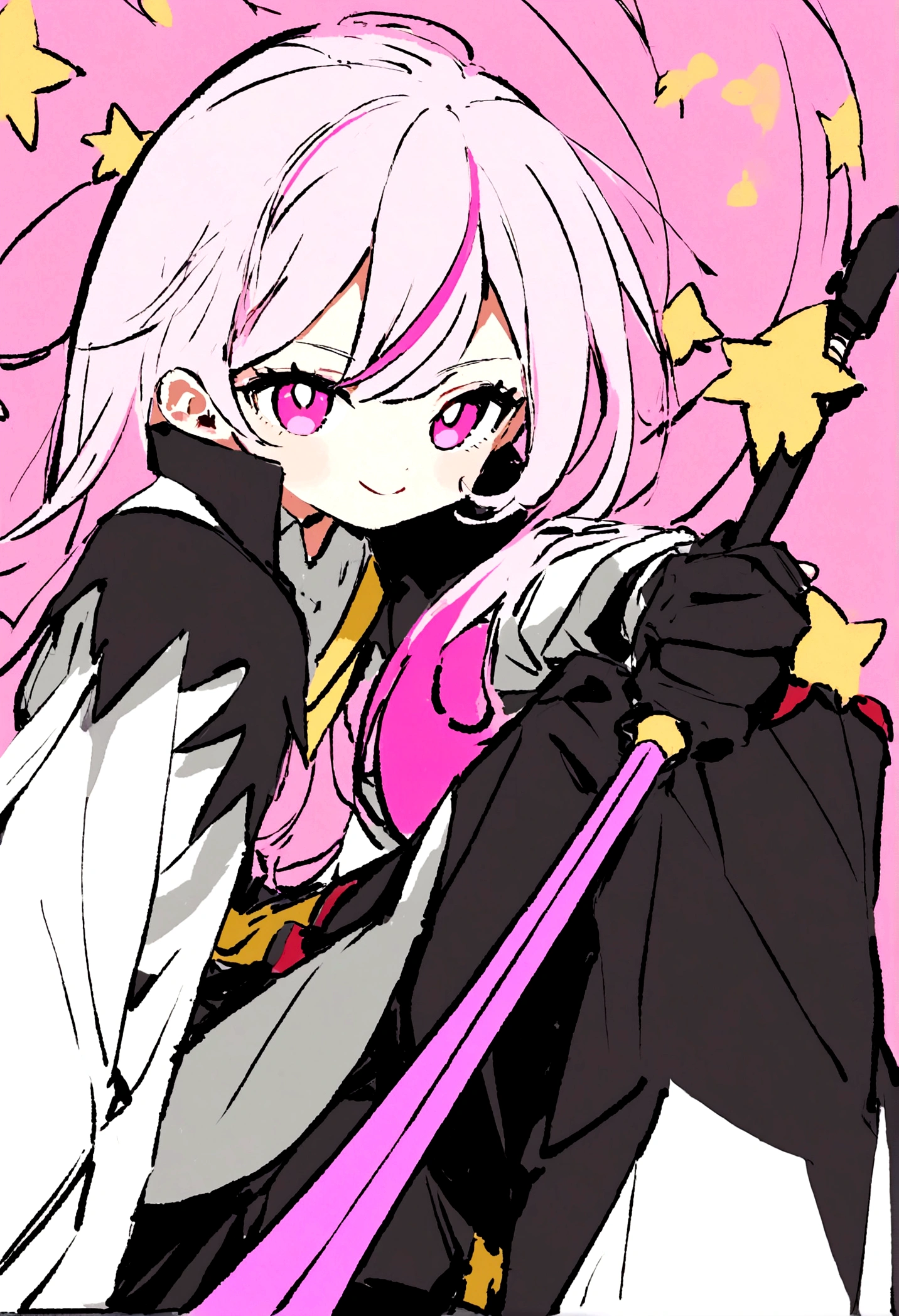 Demon hunter with her uniform,a white haori with yellow stars that reaches to the knee, a cute face and big pink eyes, knee-length, loose hair with pink streaks and a pink sword with sakuras