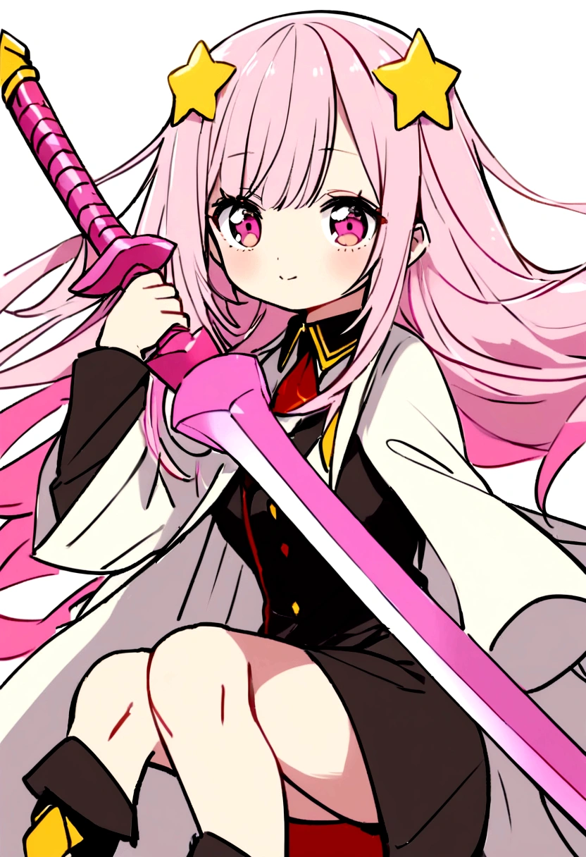 Demon hunter with her uniform,a white haori with yellow stars that reaches to the knee, a cute face and big pink eyes, knee-length, loose hair with pink streaks and a pink sword with sakuras