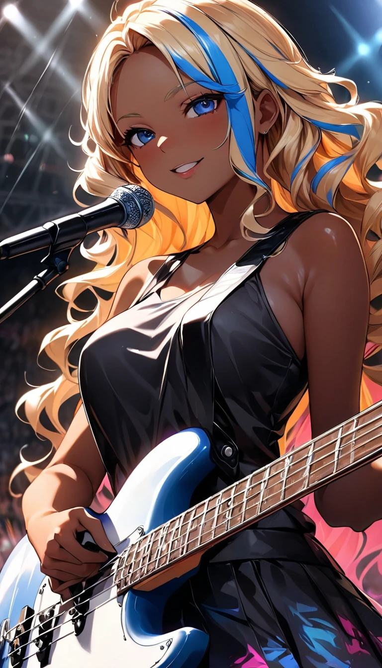 (highest quality:1.2, Very detailed, up to date, Vibrant, Ultra-high resolution, High Contrast, masterpiece:1.2, highest quality, Best aesthetics), Portraiture、girl、slim, stage、performance、Rock Music、Bright colors、Beautiful fine details、Beautiful lip detail、extra short hair, ((wavy hair:1.3))、messy hair, blonde and blue ((streaked hair:1.5)), highlights hair: 1.3, middium breast, (tan skin:1.3), Music band、Cheerful pose、Concert Light、Edgy Style、black tank top、Dynamic Movement、hypnotic sounds、Stadium、amplifier、Loud music、Fender Electric bass、playing bass hard, Fender bass, mike stand, Powerful vocals、Passionate performance、Sparkling stage、Concert atmosphere、Music Festival、Full of emotion、Rock star attitude、Resolute expression、Avid Fan、The presence of an attractive stage、 Expressive gestures、Rock star aura、An exciting atmosphere、Sing with all your heart、An unforgettable show。cowboy shot