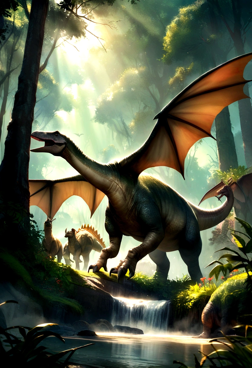 "A vivid scene of a prehistoric forest with various dinosaurs. En el centro de la imagen, an imposing Tyrannosaurus Rex roaring, standing out from other dinosaurs. in background whith, triceratops grazing, pterosaurs flying in the sky, and a stegosaurus near a stream. Lush vegetation and sunlight filtered through the trees create a stunning, realistic atmosphere."