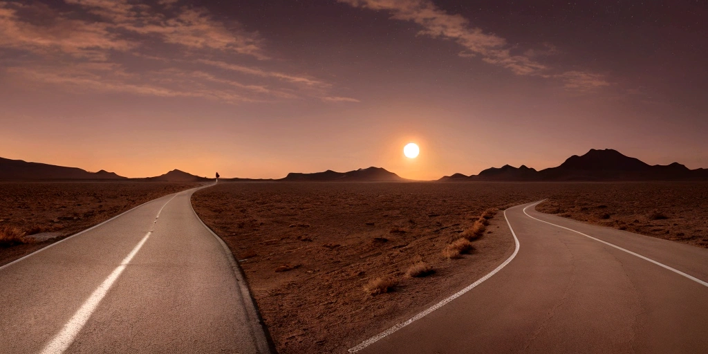 several roads in a deserted place, going in different directions, moonlit atmosphere, with a large crowd walking on these roads, people walking, men and women and children walking, deserted environment, deserted place, arid, no vegetation