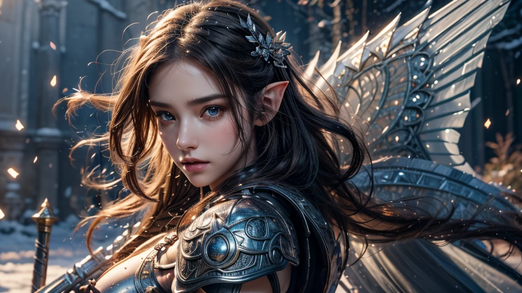 Close-up of woman holding sword and armor, Armor Girl, 2. 5D CGI anime fantasy artwork, Large Breasts，Epic fantasy digital art style, detailed Digital 2D fantasy art, Digital 2D fantasy art, original photo, (best quality:1.3), high resolution, (masterpiece), (lifelike:1.4), Professional photography, Clear focus, High Dynamic Range, 8k resolution, Intricate details, Fine details, Depth of Field, Extremely detailed CG unified 8k wallpaper, masterpiece，poster，best quality，Official Art，（Beauty and aesthetics：1.2），（masterpiece：1.3），Female Elf，individual，Light Leather Armor，complex pattern，snow，castle，Medium distance photography，（early morning），dramatic，Glowing Wings，