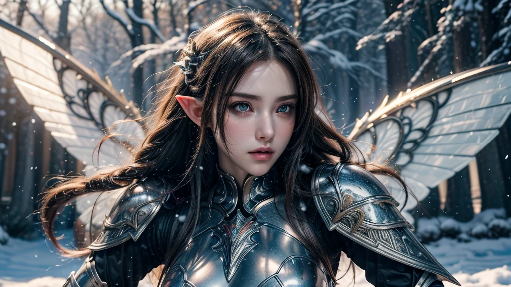 Close-up of woman holding sword and armor, Armor Girl, 2. 5D CGI anime fantasy artwork, Large Breasts，Epic fantasy digital art style, detailed Digital 2D fantasy art, Digital 2D fantasy art, original photo, (best quality:1.3), high resolution, (masterpiece), (lifelike:1.4), Professional photography, Clear focus, High Dynamic Range, 8k resolution, Intricate details, Fine details, Depth of Field, Extremely detailed CG unified 8k wallpaper, masterpiece，poster，best quality，Official Art，（Beauty and aesthetics：1.2），（masterpiece：1.3），Female Elf，individual，Light Leather Armor，complex pattern，snow，castle，Medium distance photography，（early morning），dramatic，Glowing Wings，