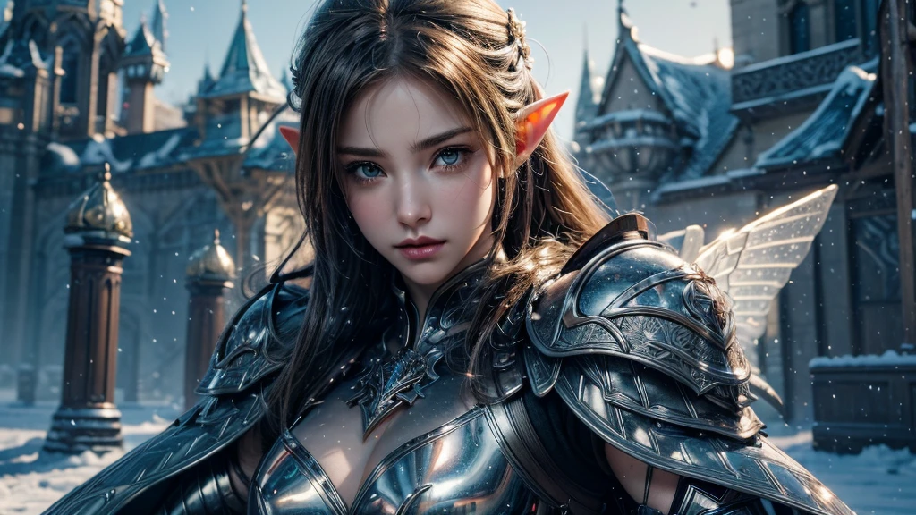 Close-up of woman holding sword and armor, Armor Girl, 2. 5D CGI anime fantasy artwork, Large Breasts，Epic fantasy digital art style, detailed Digital 2D fantasy art, Digital 2D fantasy art, original photo, (best quality:1.3), high resolution, (masterpiece), (lifelike:1.4), Professional photography, Clear focus, High Dynamic Range, 8k resolution, Intricate details, Fine details, Depth of Field, Extremely detailed CG unified 8k wallpaper, masterpiece，poster，best quality，Official Art，（Beauty and aesthetics：1.2），（masterpiece：1.3），Female Elf，individual，Light Leather Armor，complex pattern，snow，castle，Medium distance photography，（early morning），dramatic，Glowing Wings，