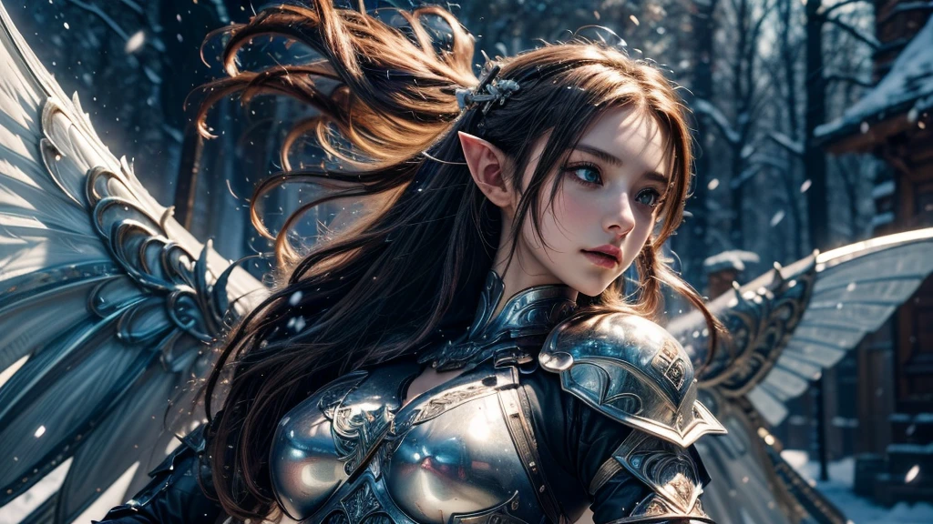 Close-up of woman holding sword and armor, Armor Girl, 2. 5D CGI anime fantasy artwork, Large Breasts，Epic fantasy digital art style, detailed Digital 2D fantasy art, Digital 2D fantasy art, original photo, (best quality:1.3), high resolution, (masterpiece), (lifelike:1.4), Professional photography, Clear focus, High Dynamic Range, 8k resolution, Intricate details, Fine details, Depth of Field, Extremely detailed CG unified 8k wallpaper, masterpiece，poster，best quality，Official Art，（Beauty and aesthetics：1.2），（masterpiece：1.3），Female Elf，individual，Light Leather Armor，complex pattern，snow，castle，Medium distance photography，（early morning），dramatic，Glowing Wings，