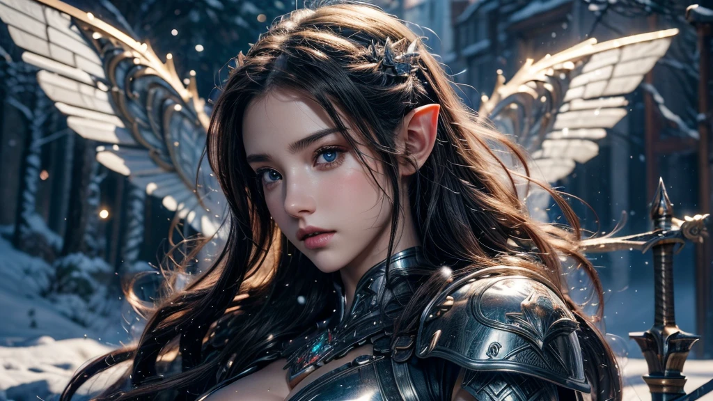 Close-up of woman holding sword and armor, Armor Girl, 2. 5D CGI anime fantasy artwork, Large Breasts，Epic fantasy digital art style, detailed Digital 2D fantasy art, Digital 2D fantasy art, original photo, (best quality:1.3), high resolution, (masterpiece), (lifelike:1.4), Professional photography, Clear focus, High Dynamic Range, 8k resolution, Intricate details, Fine details, Depth of Field, Extremely detailed CG unified 8k wallpaper, masterpiece，poster，best quality，Official Art，（Beauty and aesthetics：1.2），（masterpiece：1.3），Female Elf，individual，Light Leather Armor，complex pattern，snow，castle，Medium distance photography，（early morning），dramatic，Glowing Wings，