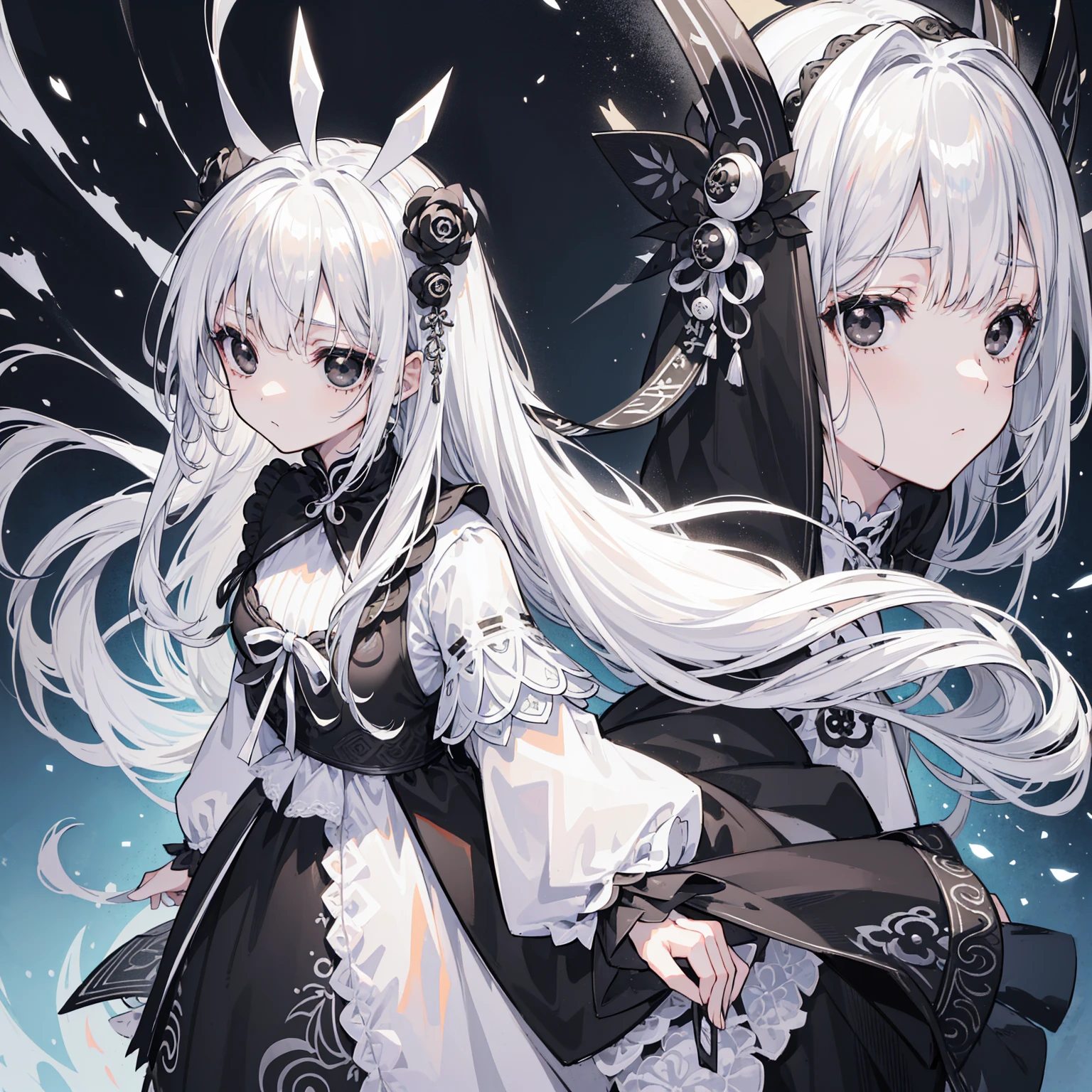 (Top image quality)、(Very detailed)、(Facing forward)、Top quality、masterpiece、(((1 名girl )))、girl、Silver Hair、White hair、((Long hair))、Weaving、(black eyes:1.6)、(White and black cheongsam)、Hooded dress、Lots of decorations、Lots of ribbons、White Ribbon、She looked grim.、Fluffy loose hair、Hanfu