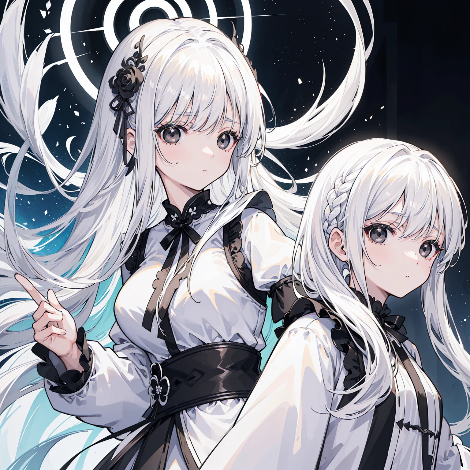 (Top image quality)、(Very detailed)、(Facing forward)、Top quality、masterpiece、(((1 名girl )))、girl、Silver Hair、White hair、((Long hair))、Weaving、(black eyes:1.6)、(White and black cheongsam)、Hooded dress、Lots of decorations、Lots of ribbons、White Ribbon、She looked grim.、Fluffy loose hair、Hanfu