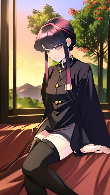 demon slayer anime style, Kotouji Agamaki, 1 girl 22 years old, serious and calm with gold eyes and pronounced eyebrows, Long straight braided hair surrounding your hair, dark purple hair with the most striking violet tips and two side sideburns of hair and long bangs, She wears a long-sleeved hunter uniform with a dark magenta skirt and everything., a katana, a black japanese coat with gold floral). Kimetsu no yaiba anime. sitting on his legs, in a fic, next to a window from head to toe with landscape background of a cherry tree and a sunset,
