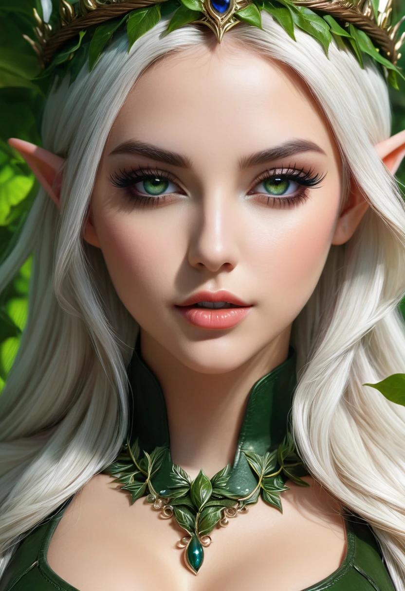 beautiful detailed eyes, beautiful detailed lips, extremely detailed eyes and face, long eyelashes, 1 girl, elf, busty, leather leaf thong, ivy crown, graphic design, 5 colors, (best quality,4k,8k,highres,masterpiece:1.2),ultra-detailed,(realistic,photorealistic,photo-realistic:1.37),fantasy,digital painting,concept art,cinematic lighting,vibrant colors,lush foliage