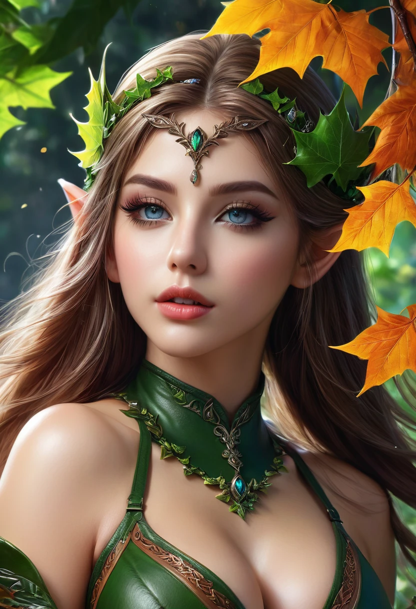 beautiful detailed eyes, beautiful detailed lips, extremely detailed eyes and face, long eyelashes, 1 girl, elf, busty, leather leaf thong, ivy crown, graphic design, 5 colors, (best quality,4k,8k,highres,masterpiece:1.2),ultra-detailed,(realistic,photorealistic,photo-realistic:1.37),fantasy,digital painting,concept art,cinematic lighting,vibrant colors,lush foliage