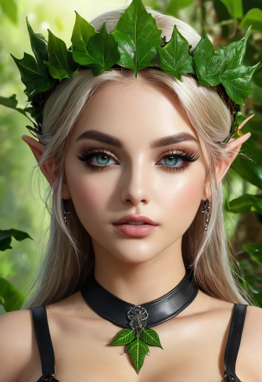 beautiful detailed eyes, beautiful detailed lips, extremely detailed eyes and face, long eyelashes, 1 girl, elf, busty, leather leaf thong, ivy crown, graphic design, 5 colors, (best quality,4k,8k,highres,masterpiece:1.2),ultra-detailed,(realistic,photorealistic,photo-realistic:1.37),fantasy,digital painting,concept art,cinematic lighting,vibrant colors,lush foliage