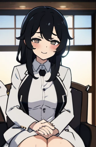 doctor, slender girl, tired eyes, white coat, very big breasts, tired face, tired bitter smile, black hair, straight hair, sit chair, round ears, nude, Nipples, Place your hand on your chest,Breasts pressed together,(facial:1.3),From above, throw, penis, Sweat, Steaming body, Ahegao, (blush), shaved pussy, sex with little boy