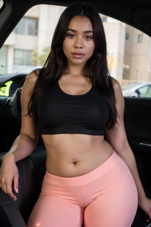 UHD, ultra high resolution, photo realistic 1.4, A glamorous young African American lady who is 26. She has brown hair that is long and straight. Her small eyes are light brown. She has brown skin, Carmel skin. Her body is chubby and curvy. She has a curvy, plus sized body. She is wearing bright neon  purple and turquiose top and pants. She is wearing neon colors. Neon, black lights. Glow in dark. She is driving a car.
