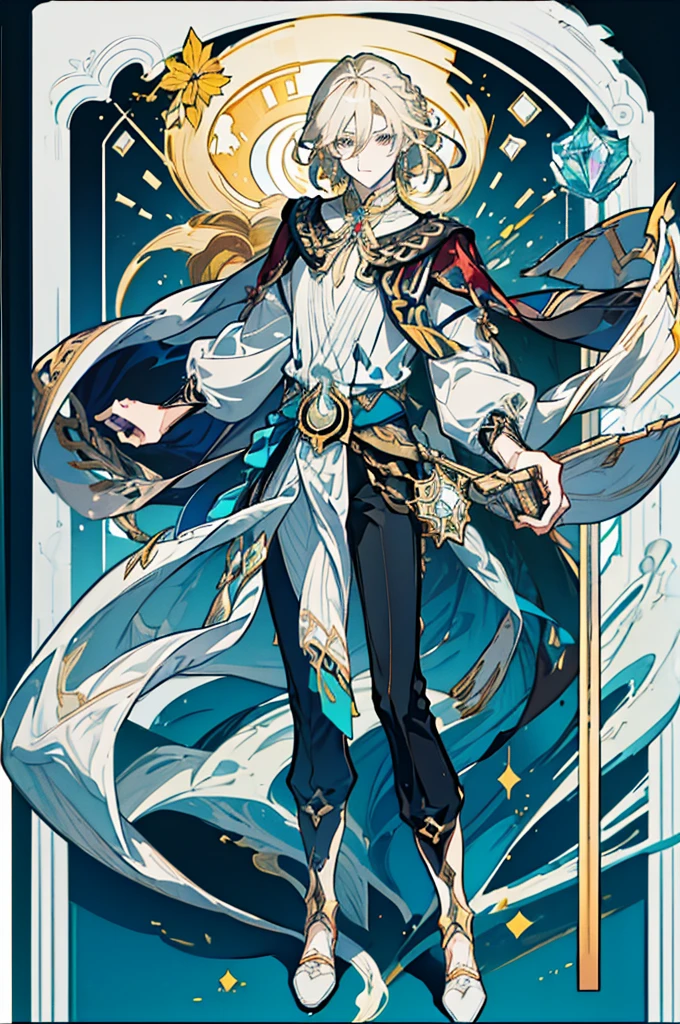 ((8k, masterpiece, high quality)) ((perfect face)) ((character reference sheet)) ((character design)) magazine cover, 1boy, young male, beautiful boy, solo, blonde hair, silver blonde hair, light yellow hair, dark hair tips, shoulder length hair, messy hair, blue eyes, expressive eyes, sad expression, white skin, blue eyes, plain white pirate shirt, brown vest, gray pants, standing still, simple background, highly detailed, digital photography, artistic gem, Greg Rutkowski, manga style, manhwa style ((whole body)), ((full body))