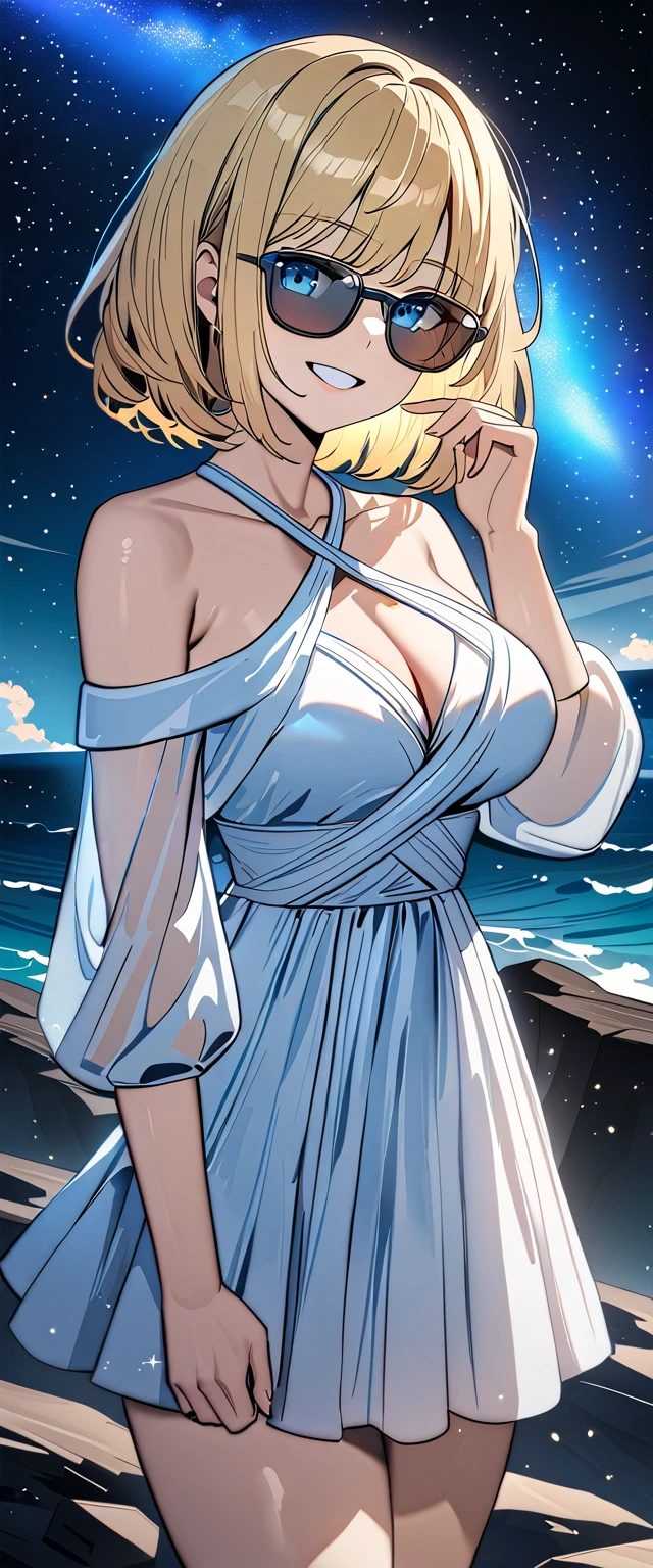 ((grin)), 風が強い, ((off-shoulder dress:1.3, criss-cross halter)), ((white sundress)), ((cleavage)), ((blond hair, bob cut:1.3)), ((sunglasses, hand to sunglasses)), (((from side))), ((((upper body)))), bare legs, (()), (((a beautiful starry sky, the Milky Way shining beautifully in the night))), ((standing on the very high cliff)), wavy hair, inward curled hair, ((sea, nature)), breasts, teenager, (looking at viewer), puffy long sleeves, collarbone, head tilt:1.3, (((blue eyes))), happy smile, (((anime style))), (best quality, 4K, 8K, highres, masterpiece:1.2, ultra-detailed, ultra-detailed eyes, HDR, uhd, studio lighting, ultra-fine painting, sharp focus, physically-based rendering, extreme detail description, professional, vivid colors, bokeh)