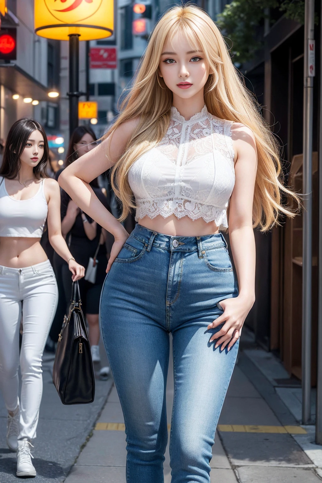 ((Realistic lighting, best quality, 8K, masterpiece:1.3)), (Lock focus:1.2), (2 sisters),(Beautiful woman with perfect figure:1.4), : 2 beautiful Korean girls, Korean pop idol,Leg length,(Pale skin), (big eyes),(Smile:0.8),(Plump and sexy lips), Complex and detailed face, ((Super delicate skin)),Delicate face,Ultra-thin face,Fine Eyes,Double eyelids,((blonde)), (White lace underwear:1.4),Background Shibuya street,emphasize,Ultra-thin face,Fine Eyes,Double eyelids,(Start from below:1.attitude,(Mid-chest:1.2),Sexy long legs, (Thigh gap:1.5),Wide hips,S-Shaped Body,Vest line, Hips lifted,Leg length,Skinny denim trousers,Shooting from the front,Body proportions,Over-the-knee leather boots,