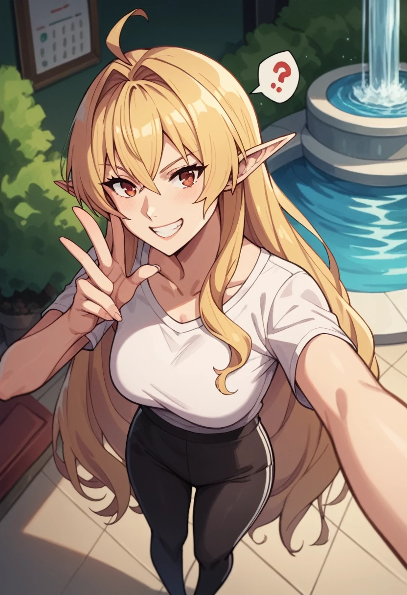 punctuation_9, punctuation_8_High above, punctuation_7_High above, fountain_アニメ, elinalizedragonroad, 1 girl, mature woman, elinalise dragonroad, long hair, hair blonde, very long hair, ahoge, pointy ears, pierce hair, Eyes red, mischievous grin, sports well, leggings de ioga, Inside the house, modeling pose, cellular, taking selfie, perspiring, realisitic, It is, pIt iss