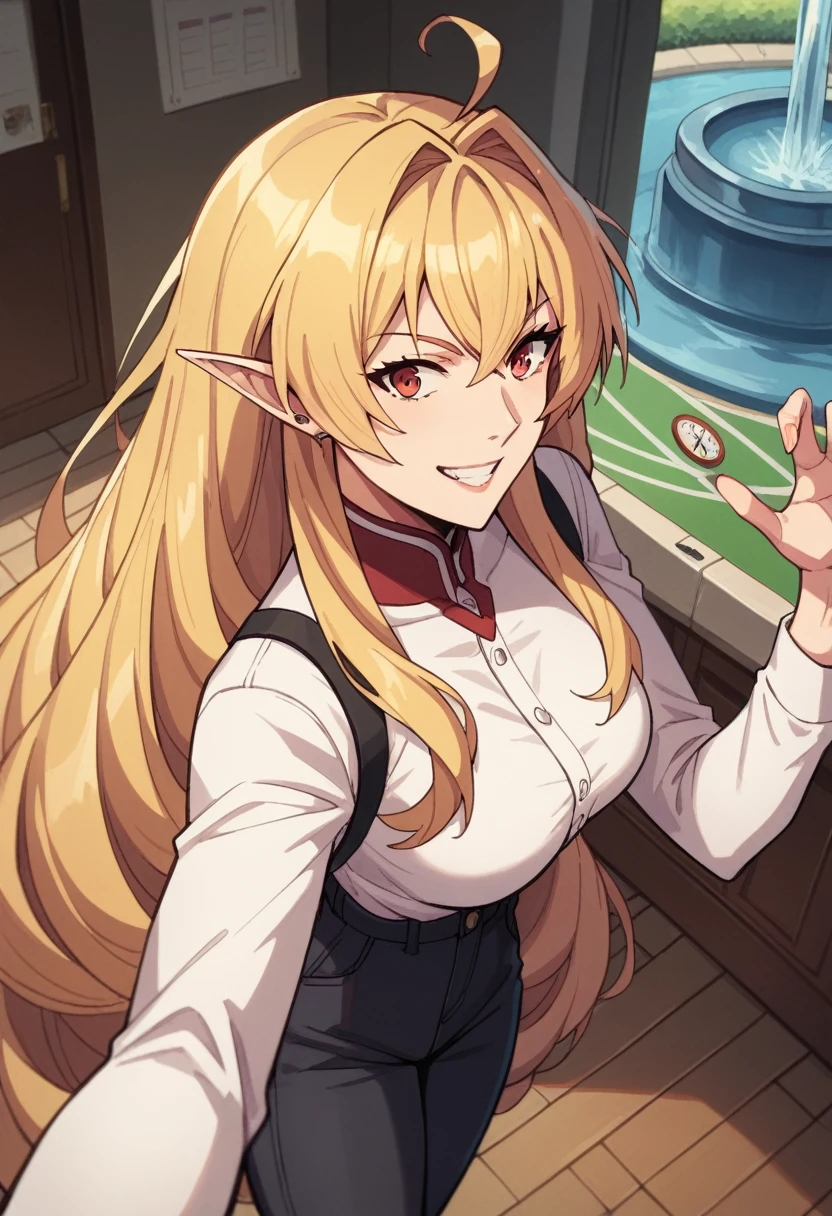 punctuation_9, punctuation_8_High above, punctuation_7_High above, fountain_アニメ, elinalizedragonroad, 1 girl, mature woman, elinalise dragonroad, long hair, hair blonde, very long hair, ahoge, pointy ears, pierce hair, Eyes red, mischievous grin, sports well, leggings de ioga, Inside the house, modeling pose, cellular, taking selfie, perspiring, realisitic, It is, pIt iss