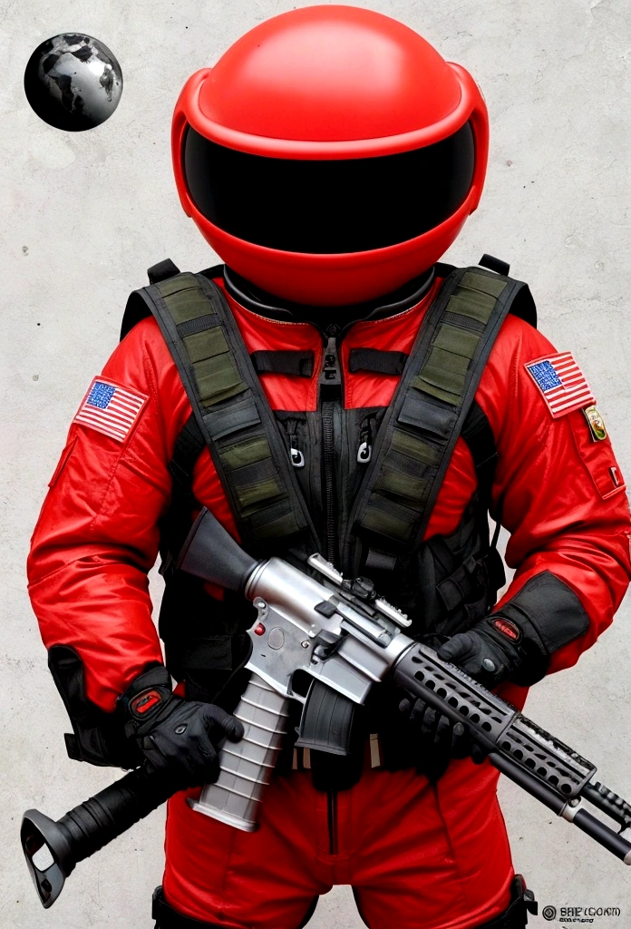Tomato aliens invading Earth、No helmet、The head is a red tomato、It has two eyes and is hanging up、Wearing a tight fitting space suit、With a rifle in his hand、There are 3 of them、The background is space