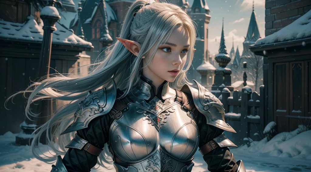 Close-up of woman holding sword and armor, Armor Girl, 2. 5D CGI anime fantasy artwork, Large Breasts，Epic fantasy digital art style, detailed Digital 2D fantasy art, Digital 2D fantasy art, original photo, (best quality:1.3), high resolution, (masterpiece), (lifelike:1.4), Professional photography, Clear focus, High Dynamic Range, 8k resolution, Intricate details, Fine details, Depth of Field, Extremely detailed CG unified 8k wallpaper, masterpiece，poster，best quality，Official Art，（Beauty and aesthetics：1.2），（masterpiece：1.3），Female Elf，individual，Light Leather Armor，complex pattern，snow，castle，Medium distance photography，（early morning），dramatic，Glowing Wings，