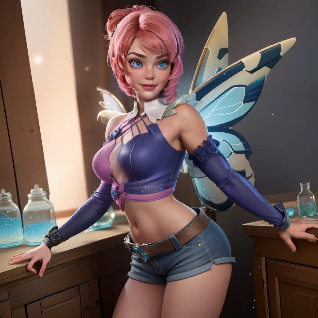 (TinkerWaifu:1), smile, sexy pose, cute, looking at the viewer, thick thighs, single bun, short hair, (short dolphin shorts:1), (fairy wings), standing, (focus on breasts:1.2), from above, (realistic: 1.2), (realism), (masterpiece: 1.2), (best quality), (ultra detailed), (8k, 4k, complex),(full body photo: 1),(cowboy photo:1.2), (85mm), light particles, lighting, (highly detailed:1.2),(detailed face:1.2), (gradients), sfw, colorful,(detailed eyes:1.2), (detailed ladscape, inside a glass jar :1.2),(detailed background),detailed landscape, (dynamic angle:1.2), (dynamic posture:1.2), (rule of terceira_composição:1.3), (line of action:1.2), general plan, daylight, soil,