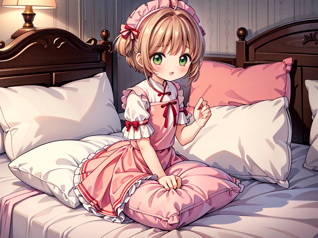 （masterpiece，best quality，best quality, masterpiece），my own, , , (适合任何Pillow背景的光影））, 穿着公主裙的可爱女孩在Pillow上摆姿势 ，，,（很多Pillow），Soft cushion，，，，很多Pillow，，，（Pillow），（A tail），，（充满细节的Pillow），（Love around the protagonist），Steam，，（Pillow），（palace），（Palace bedroom），（Pillow），柔软的Pillow，，（Classical European style bedroom ），（excited，shy person，Lack of expressiveness，），，, ((Maximum resolution)), artwork, ，,,(Interior of the palace),,(Deluxe Rococo Canopy King Bed),On a big and spacious bed,(),,,,Luxurious curtains with ornate ruffles and ribbons surround the bed,((((There are many pillows piled on the bed)))),Detail of Quilt,Detailed bed sheets,Ruffled Bed Skirt,Deep Bed,Background with depth,((详细的Pillow)), ((((大量的Pillow))))，,，详细的软Pillow,,((女孩正躺在许多柔软的Pillow上,周围有许多Pillow))，。Many small feathers fluttering、 Long skirt nightgown with ruffles and ribbons、In a huge, Large canopy bed、Soft pink sheets and quilt、色彩鲜艳的柔软Pillow、很多带褶边的Pillow和带褶边的床裙、Soft toned bed、Ruffled curtains around the bed.。Delicate face。Background with depth,kinomoto sakura,(kinomoto sakura, 1girl, brown hair, short hair, antenna hair, , green eyes),pillow humping,humping