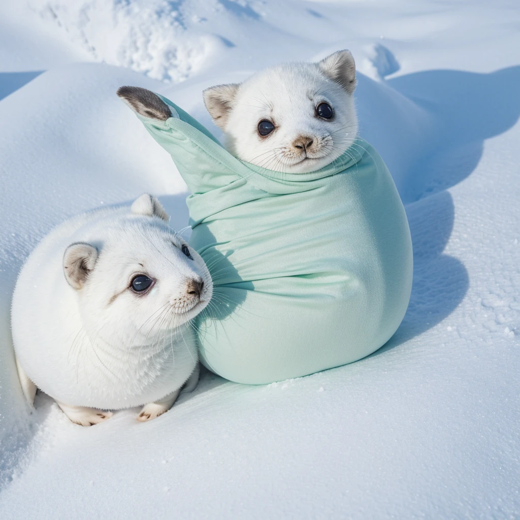 True full-body press angle, UHD contrast, 3D, of a baby white seal, it looks at the camera, big round eyes, smiling, wearing a green cover, the background is snow. Rock, snow, snow mountain, masterpiece image, make sure ultra detailed.