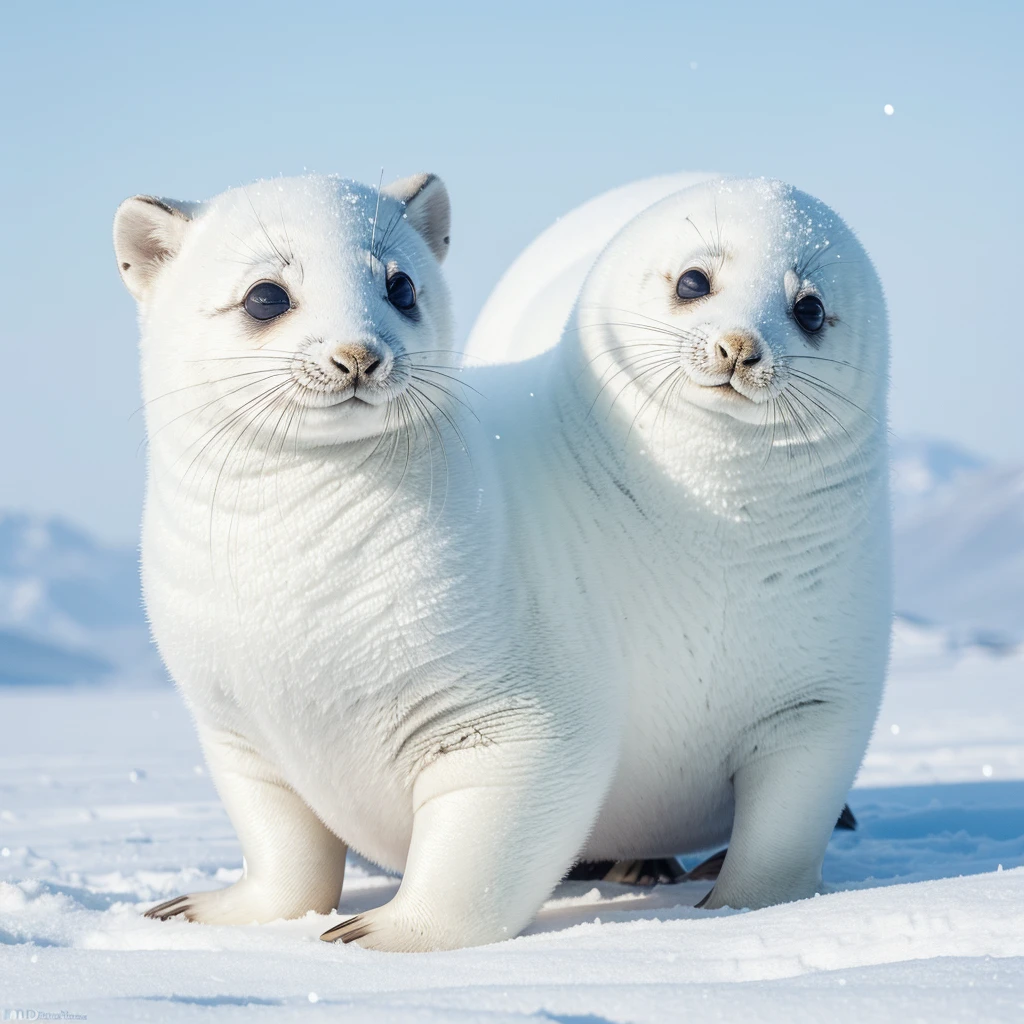 True full-body press angle, UHD contrast, 3D, of a baby white seal, it looks at the camera, big round eyes, smiling, wearing a green cover, the background is snow. Rock, snow, snow mountain, masterpiece image, make sure ultra detailed.