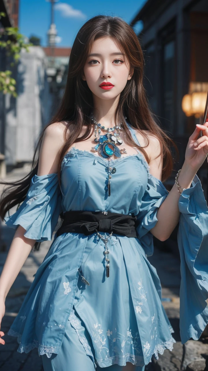 best quality, tmasterpiece,Ultra-high resolution,Clear face,(Reality:1.4),ferpect lighting,(upper body shot), (photorealistic:1.50), anime wallpaper, Guviz style artwork, cover-up fantasy up to magic , by Yang J, Guviz, beautiful artwork illustration, beautiful digital artwork, beautiful digital illustration, Li Song, beautiful anime portrait, art style in Beauvot, Lips wear thick red lipstick
