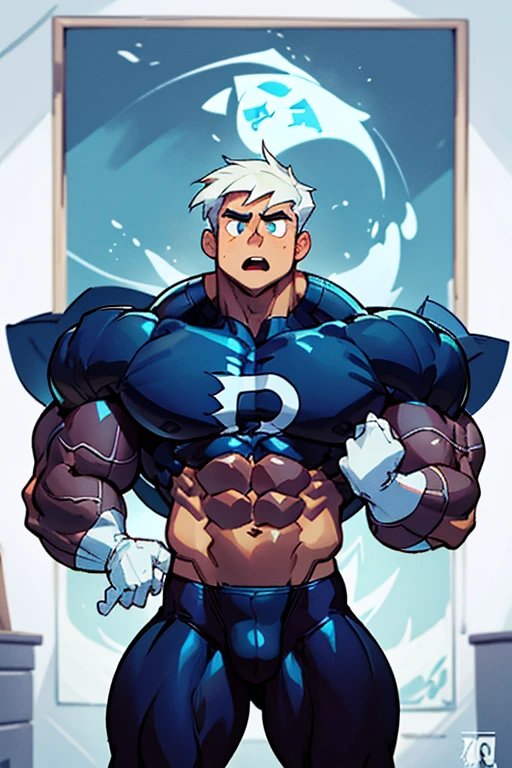 (Masterpiece) (Hyper muscular) (3 boys) Danny Phantom, ghost, hypnosis, jock, conversion, locker room hallway, hyper muscles, jockstrap, bro, meathead, hypnotized, brainwashed, brainwashing, big dumb jock, football. Glowing blue eyes. Hyper crotch bulge. Massive bulging crotch. Big balls. Big biceps. Big triceps. Big traps. Broad shoulders. Big meaty pecs. Big thighs. Thick glutes. Hyper muscles. crew cut. Football team assimilation. Well endowed. Clothes turning into Amity High School football uniform. Danny Fenton looks shocked at his reflection in a mirror and gradually transitions to a dull vapid expression instead as his eyes glow. "Gah! What happened to me? I look like a—! Like a ... BIG ... DUMB ... JOCK...." Open mouth. Blank stare. digital painting. Very detailed.