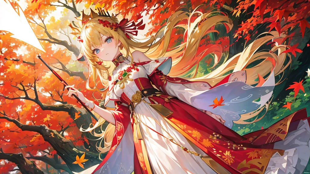 Kobato Hasegawa stands in the middle of an autumn forest filled with red and gold leaves. She is wearing an emerald green gown with leaf patterns. Her blonde hair is adorned with a crown of autumn flowers, and in her hand, she holds a wand made of a tree branch with a glowing orange tip. Around her, colorful butterflies fly, adding to the magical and warm aura of her appearance.
