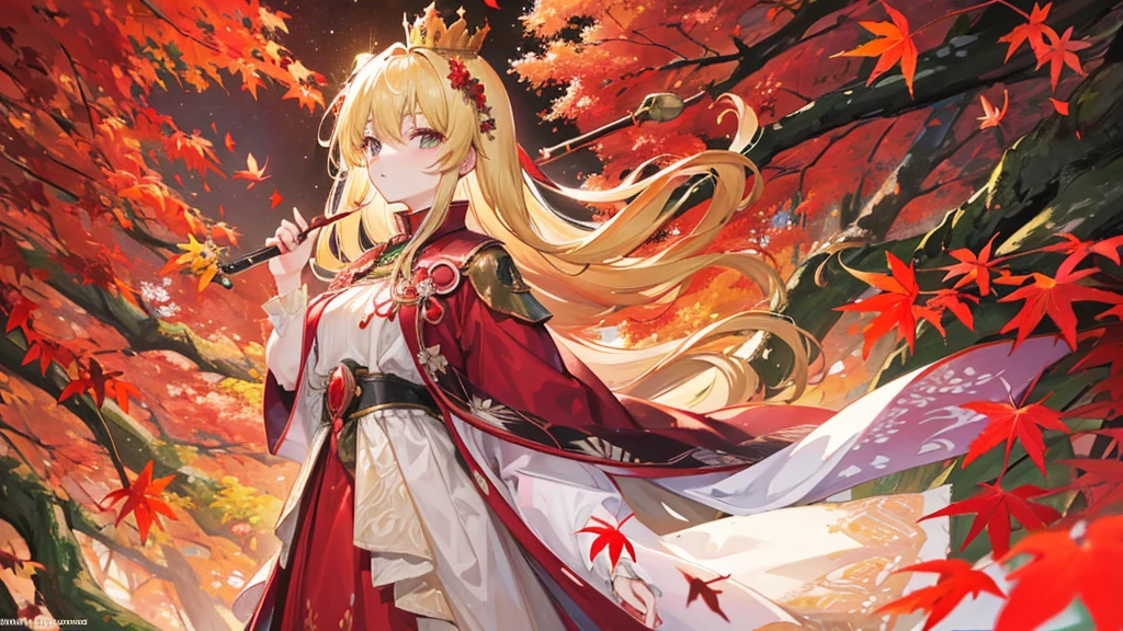 Kobato Hasegawa stands in the middle of an autumn forest filled with red and gold leaves. She is wearing an emerald green gown with leaf patterns. Her blonde hair is adorned with a crown of autumn flowers, and in her hand, she holds a wand made of a tree branch with a glowing orange tip. Around her, colorful butterflies fly, adding to the magical and warm aura of her appearance.