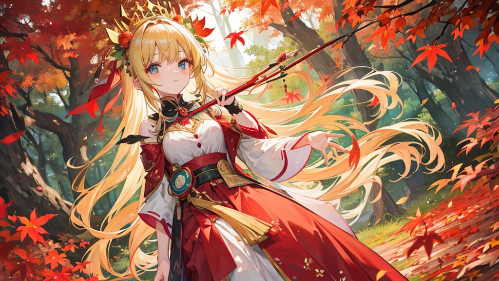Kobato Hasegawa stands in the middle of an autumn forest filled with red and gold leaves. She is wearing an emerald green gown with leaf patterns. Her blonde hair is adorned with a crown of autumn flowers, and in her hand, she holds a wand made of a tree branch with a glowing orange tip. Around her, colorful butterflies fly, adding to the magical and warm aura of her appearance.