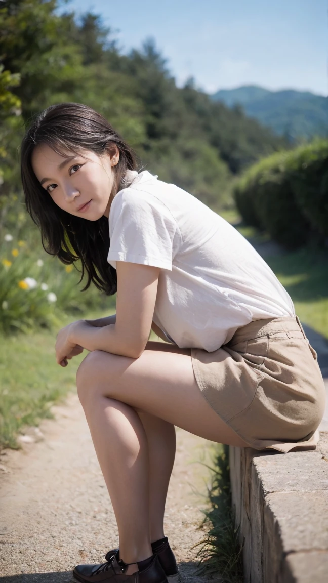 ((Extremely precise and accurate anatomy)), (((Low angle shooting、Looking into the camera:1.22,Leaning forward、Open shirt、No underwear)))、(((8K、Highest quality、masterpiece、Ultra-high resolution)))、(Realistic:1.4)、RAW Photos、(Real skin texture:1.3)、(Film Grain:1.3)、((Are standing、Skirt flutters in strong winds、Under the skirt、Do not bend your legs、don't bend your knees、Spread your thighs、Beachside、))、One Girl、Beautiful and detailed eyes and face、masterpiece、Highest quality、close、thin、Japanese Uniform、dynamic、barefoot、Various poses、