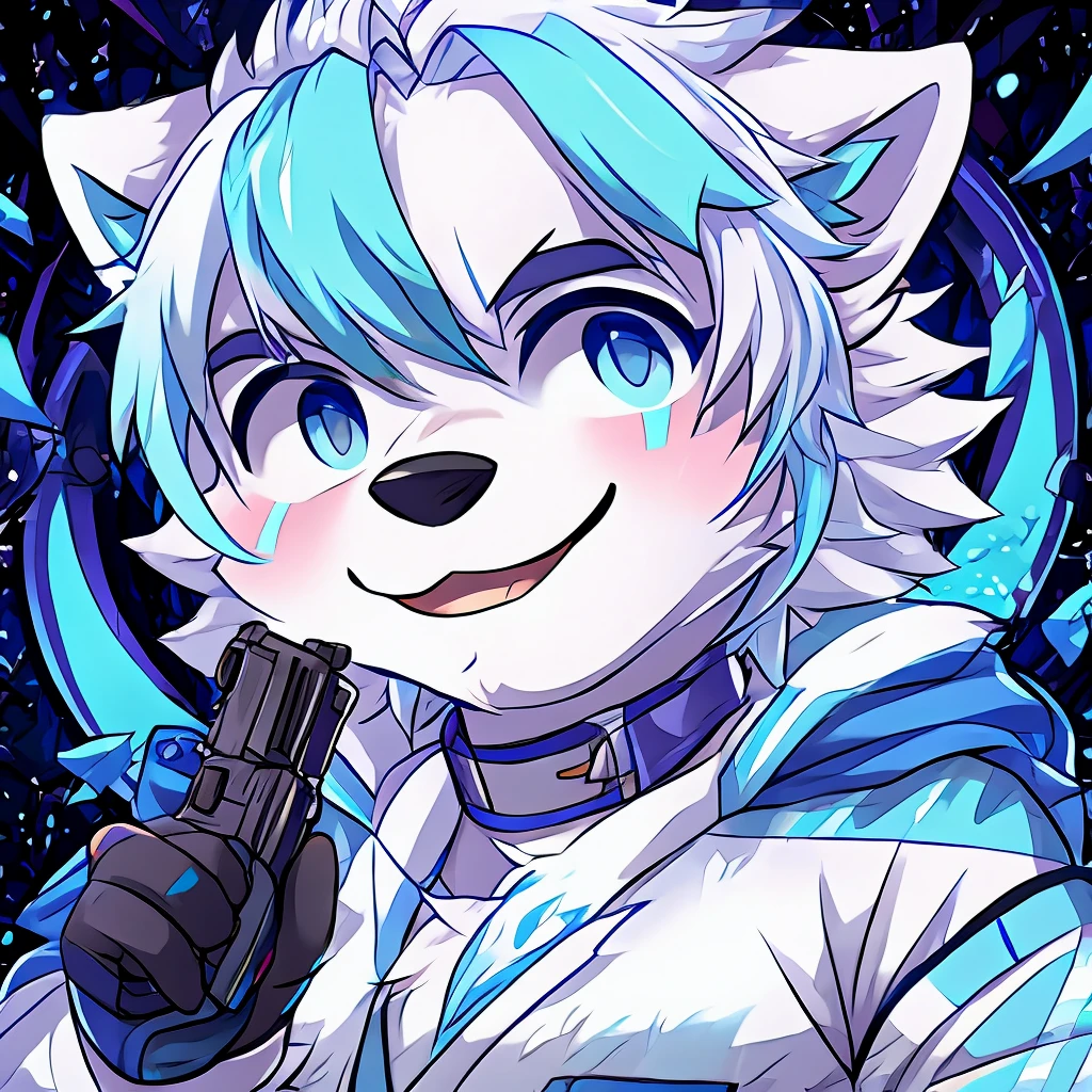 male arctic fox holding a pistol, white hair with light blue tips, ssmile, 独奏