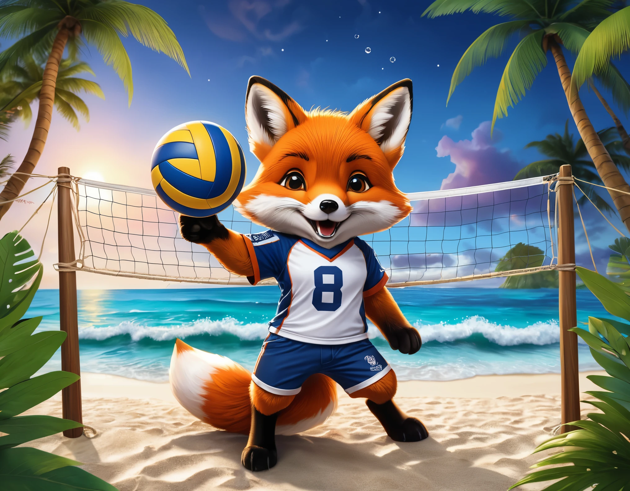 (Close-up of cute fox catches volleyball ball above volleyball net:1.2), (sport T-shirt and trousers:1.2), tropical beach with ((palms and gentle waves)), (beautiful twilight sea:1.2), setting sun, intricate design, bright colors, masterpiece in maximum 16K resolution, best quality, ultra detailed, aesthetics, absurdes.
