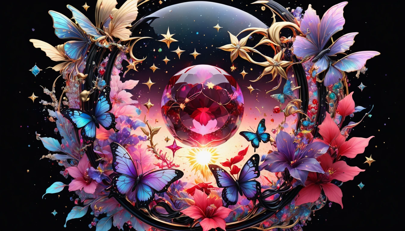 Deep black space background、star、惑star、the sun and the moon、colorful paint splash、 Surrounded by bright light.Cosmic Black with Neon Bioluminescent Color, Icy Red,14kt pure gold color. Creating a fusion of these symbols,Fiery pink rose, Bioluminescent Neon Blue, Red hibiscus, Fiery bioluminescent red ruby, Purple and white diamonds、Lots of purple sapphires and emeralds、Colorful butterflies