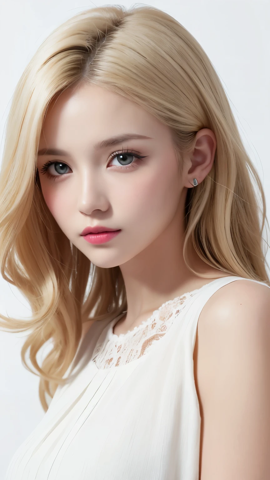 (((forehead、Perm、curl、White Blonde Hair、Northern Europe、White people、beautiful girl、Blonde、White background、cute、Young、blouse、True Face、Shiny Hair)))、table top, highest quality, figure, super detailed, finely, High resolution, 8k wallpaper, Perfect dynamic composition, detailed and beautiful eyes, Deco out,bionde, medium hair, big breasts, Natural color lip,white background, random cute poses,frill dress