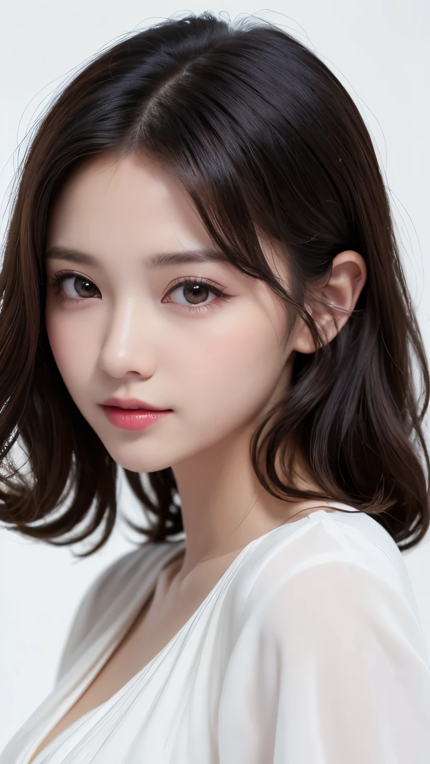 (((forehead、Perm、curl、Northern Europe、White people、beautiful girl、Black Hair、White background、blouse、cute、Young、True Face、Shiny Hair)))、table top, highest quality, figure, super detailed, finely, High resolution, 8k wallpaper, Perfect dynamic composition, detailed and beautiful eyes, Deco out,bionde, breasts, Natural color lip,white background, random cute poses,