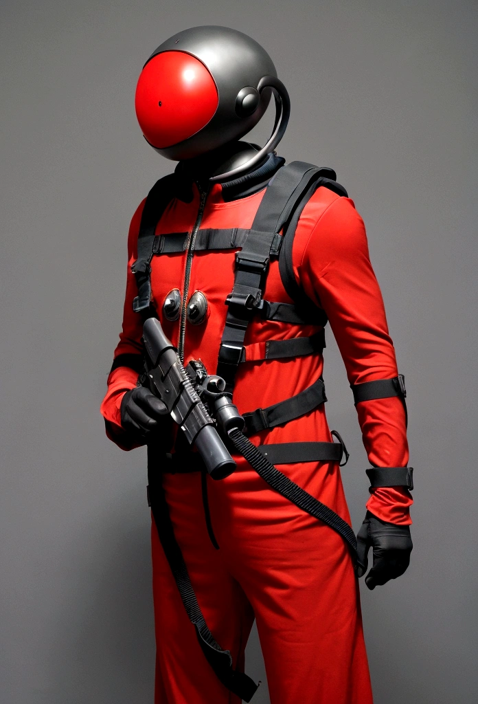 Tomato Alien、No helmet、Has a tomato stem on its head、The head is a red tomato、It has two eyes and is hanging up、Wearing a tight fitting space suit、With a rifle in his hand、There are 3 of them、The background is space
