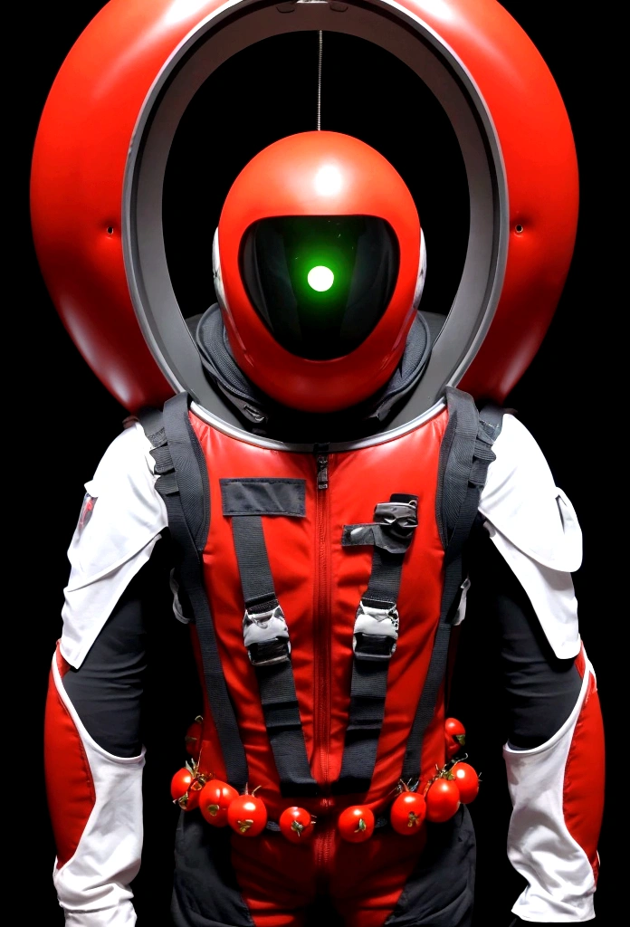 Tomato Alien、No helmet、Has a tomato stem on its head、The head is a red tomato、It has two eyes and is hanging up、Wearing a tight fitting space suit、With a rifle in his hand、There are 3 of them、The background is space
