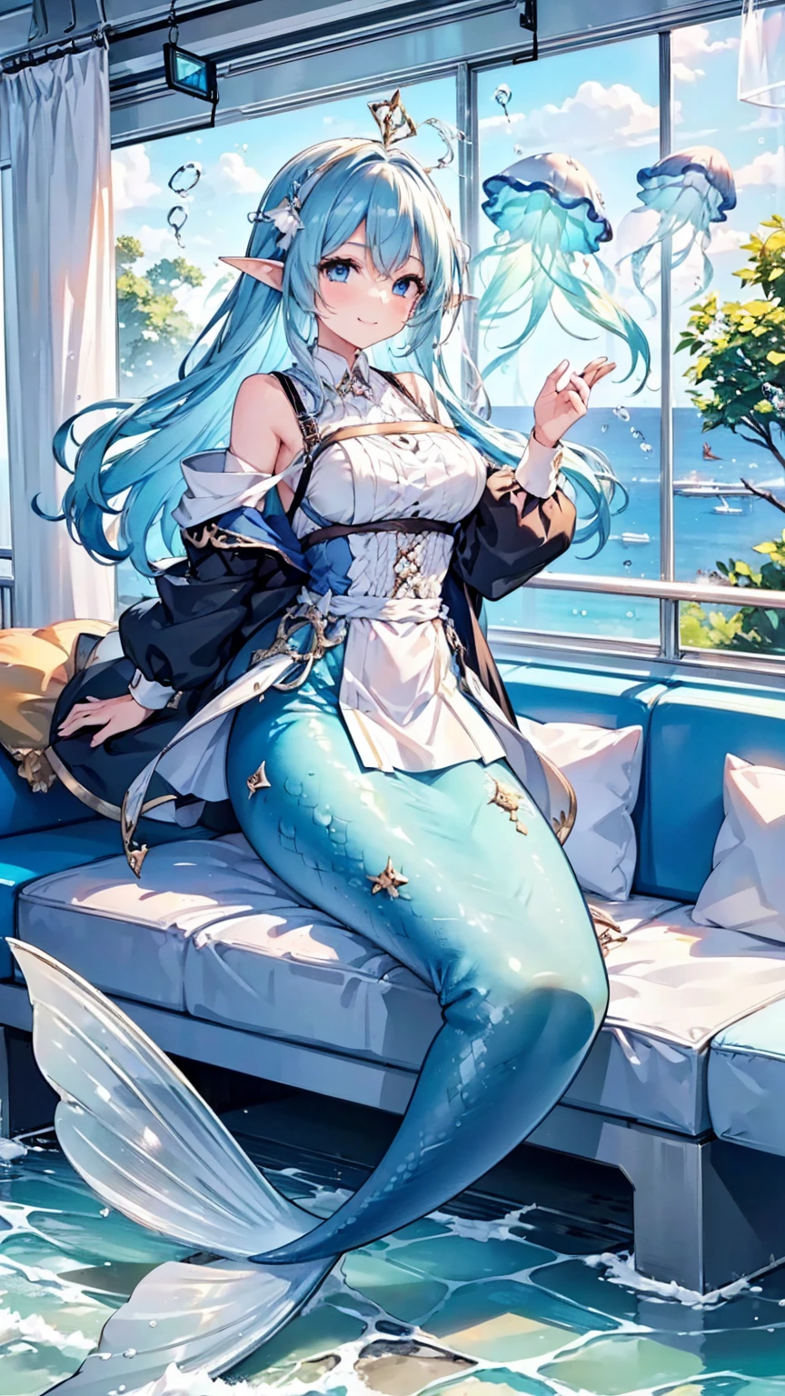 masterpiece, best quality,A girl,Blue Hair,White Dress,Ahoge,blue eyes, Elf ears,独奏,Large Breasts,Mermaid,蓝色的Mermaid尾巴,full-body shot,transportation facilities_against_window,blue theme, (in water:1.2), (air bubble:1.3), Inside the train, (surreal:1.2), (jellyfish:1.2), (whale:1.1),(fish:1.2),blurred foreground,charming face(Kawaii, charming,Soft),Looking at the audience,Smile