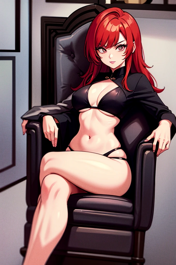 Redhead with Chinese hair sitting on a black armchair in a black bikini white skin pink lips big eyes medium breasts thick thighs